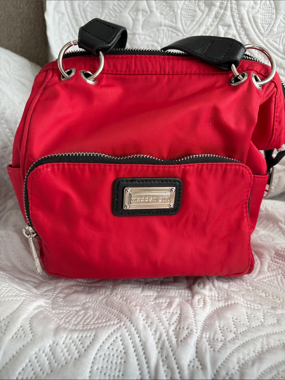Madden Girl Red Nylon backpack purse with Black Trim - Picture 6 of 9